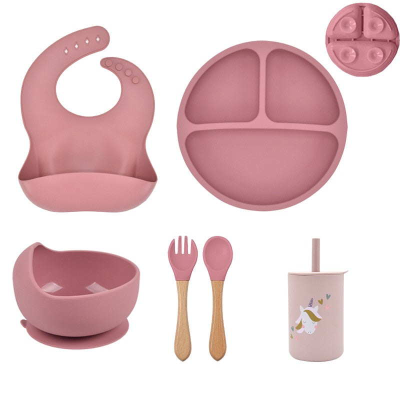 5P Baby Silicone Tableware Set Lid Divided Plate With Suction Bowls Straw Cup Wood Spoon Fork for Toddler Feeding Training Plate