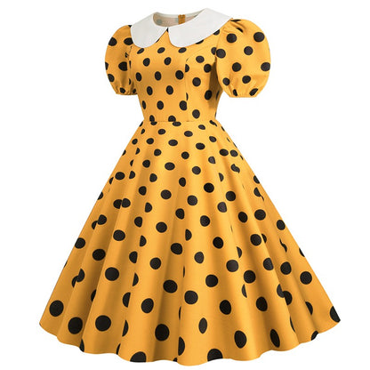 Elegant Women Summer Dress Puff Short Sleeve Polka Dot Peter pan Collar Vintage A-line Midi Long Party Sundress