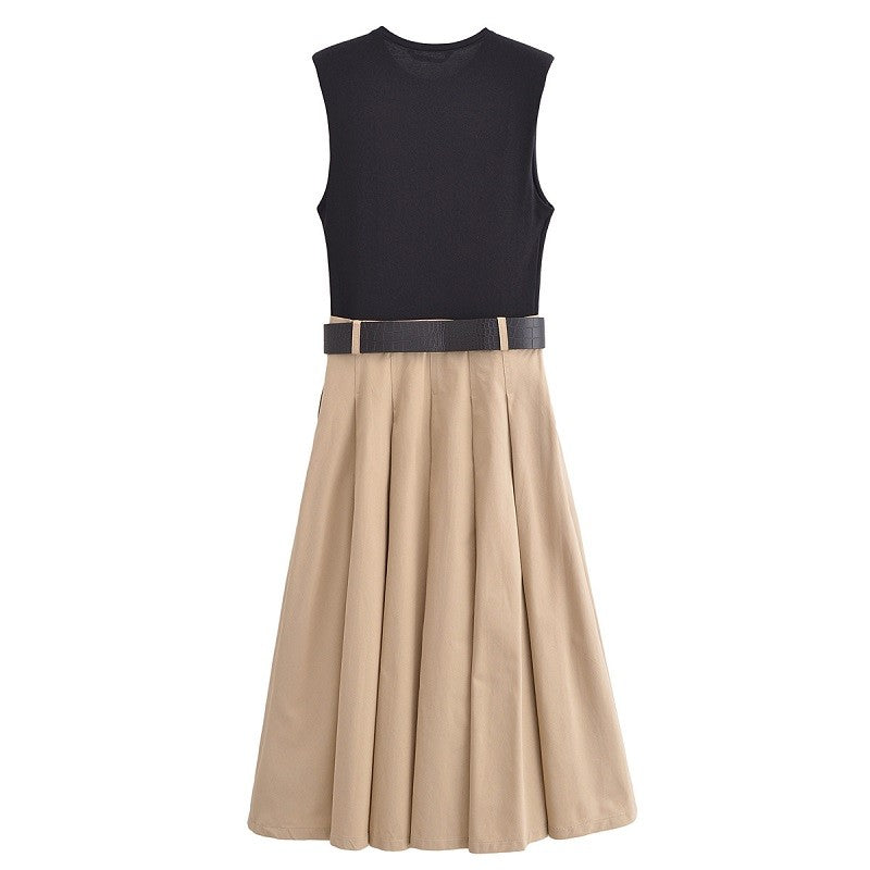 MUJER 2025 Woman Dresses Belt Pleated Midi Dress Women Sleeveless Summer Dress W