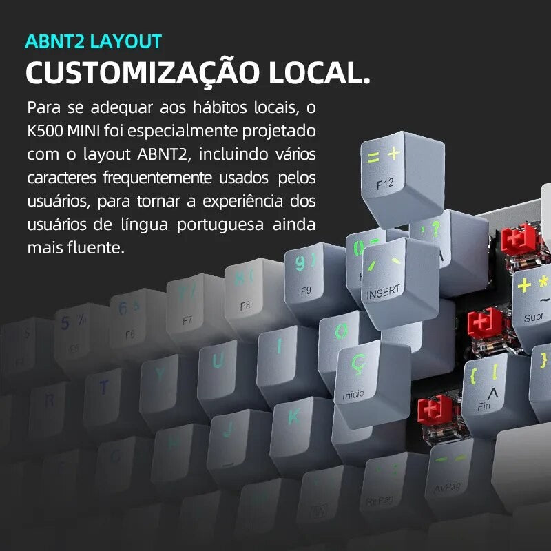 Teclado Mecânico Mini Machenike K500-B61 60% Layout ABNT2 Retroiluminação RGB Hot-swappable NKRO Com Fio Para Jogos Gamer PC