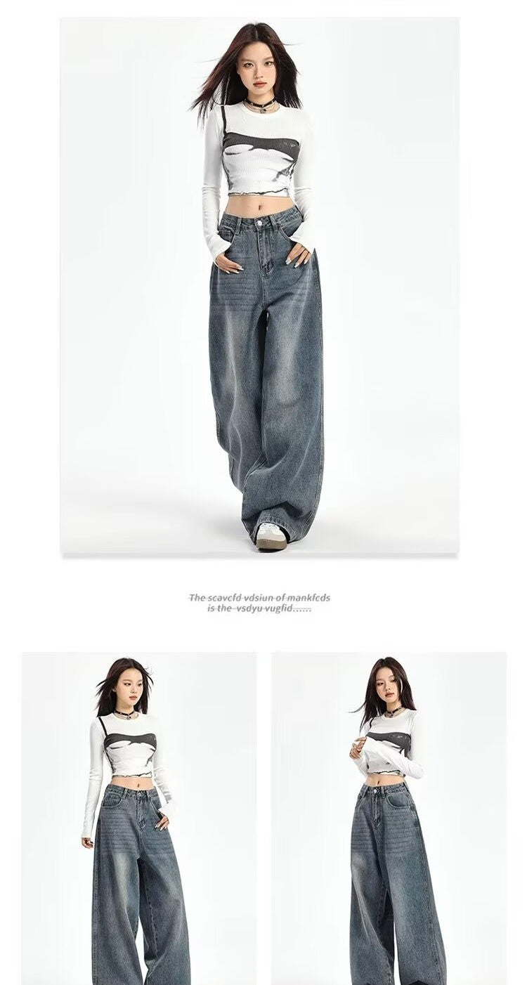 Retro High Waist Wide Leg Jeans Women Summer New plus Size Loose Slimming Pear ape Straight Leg Pants Casual Waed Blue