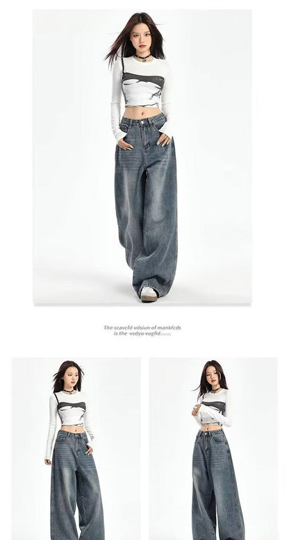 Retro High Waist Wide Leg Jeans Women Summer New plus Size Loose Slimming Pear ape Straight Leg Pants Casual Waed Blue