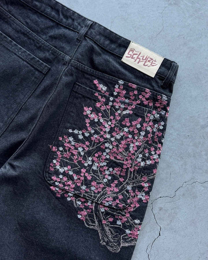 Fashion Cherry Blossom Pocket Embroidery Jeans Shorts Men Women Retro Baggy Black Denim Short Y2k Jorts Hip Hop Streetwear Pants