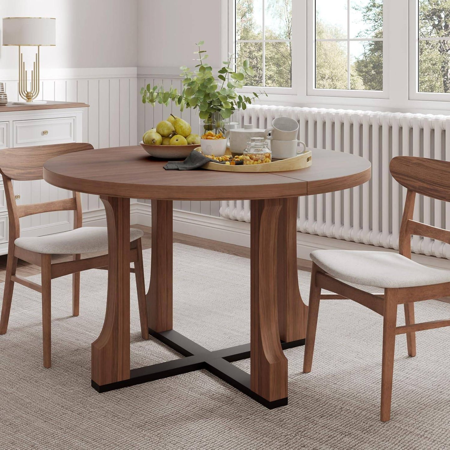47" Round Dining Table for 4-6, Farmhouse Wood Circular Kitchen Tables, Dark Brown Retro Circle Dinner Table Easy Assembly