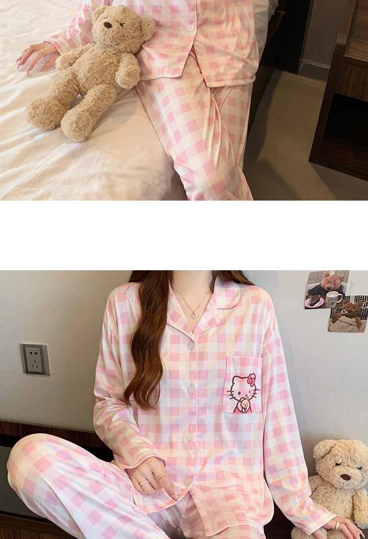Hello Kitty and Plaid Pajama Set for Women Winter Checked Sleepwear Long Sleeve Home Outfit Autumn Loungewear Korean Fashion