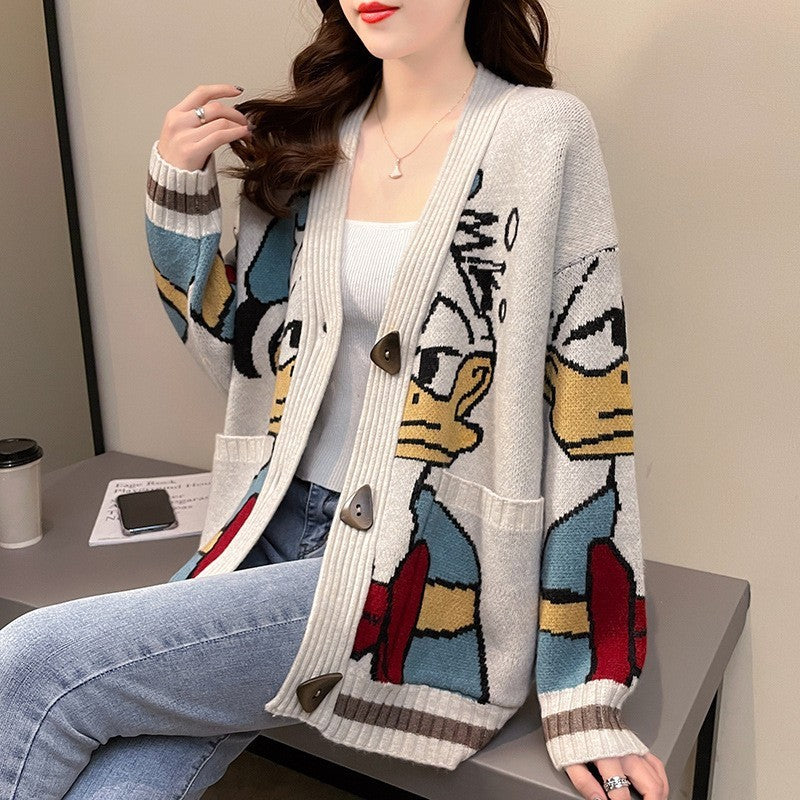 Suéter Disney Pato Donald Anime Desenho Animado Casaco Feminino Outono/inverno Cardigã Solto Suéter de Malha Blusa Presente para Menina