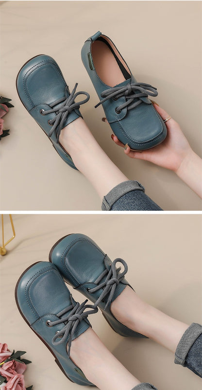 Vintage Plain Oxfords Shoes Women's Genuine Leather Flats Ladies Laced Up Moccasins Elderly Woman Square Toe Driving Loaferss