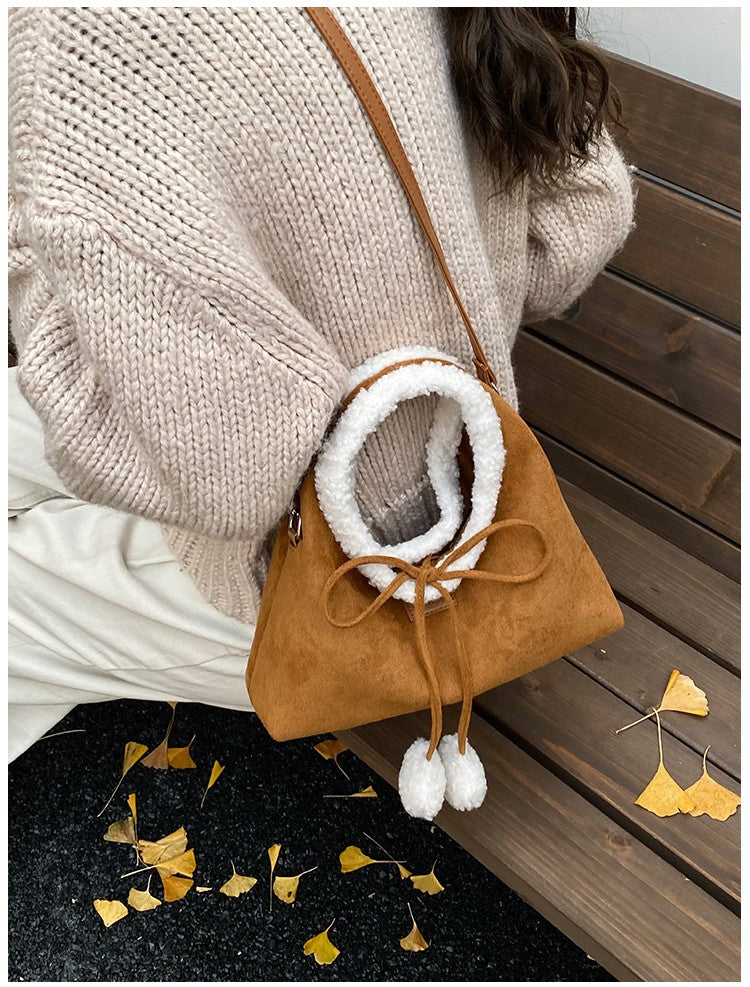 Faux Suede Solid Color Bow Hairy Cute Women's Handbags Christmas Gift Giving Fashion Bags 2025 Autumn/winter New Shoulder Bags