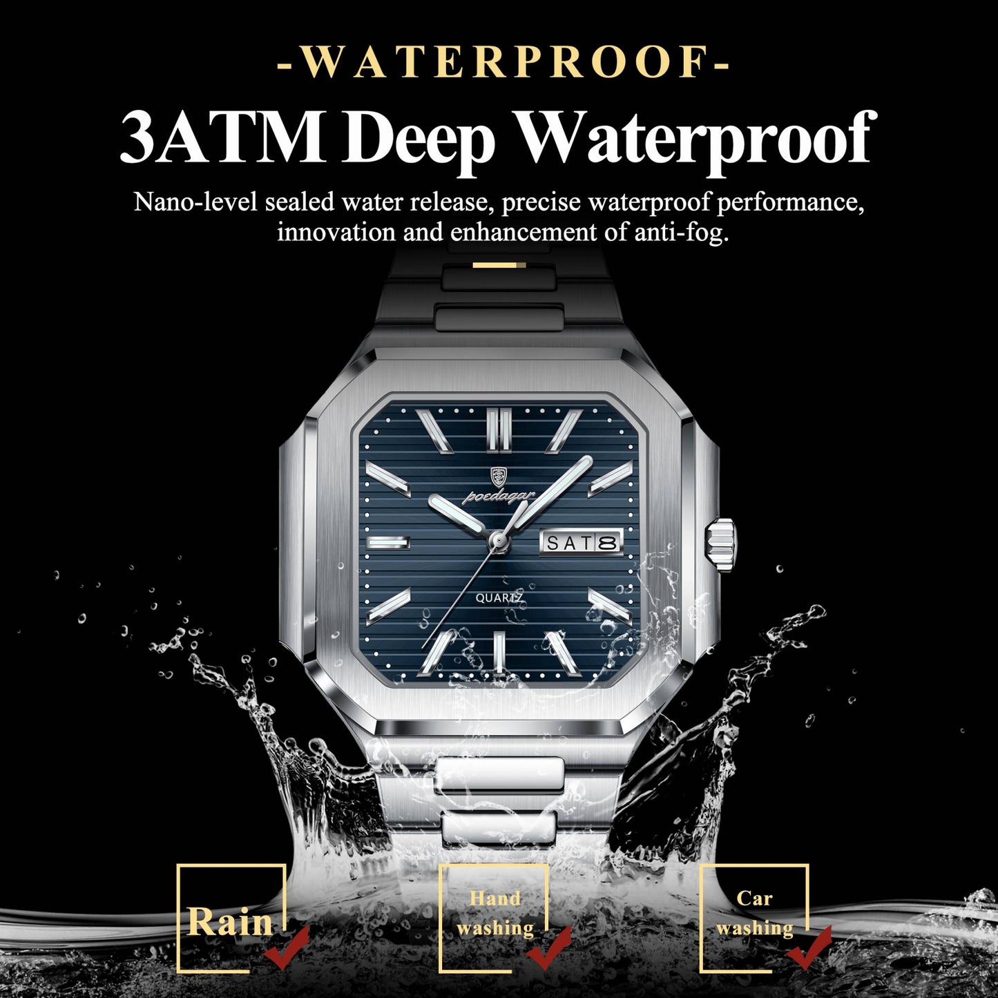 POEDAGAR Square Fashion Man Wristwatch Waterproof Luminous Date Week Quartz Men's Watches Stainless Steel Luxury Men Watch Reloj