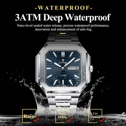 POEDAGAR Square Fashion Man Wristwatch Waterproof Luminous Date Week Quartz Men's Watches Stainless Steel Luxury Men Watch Reloj
