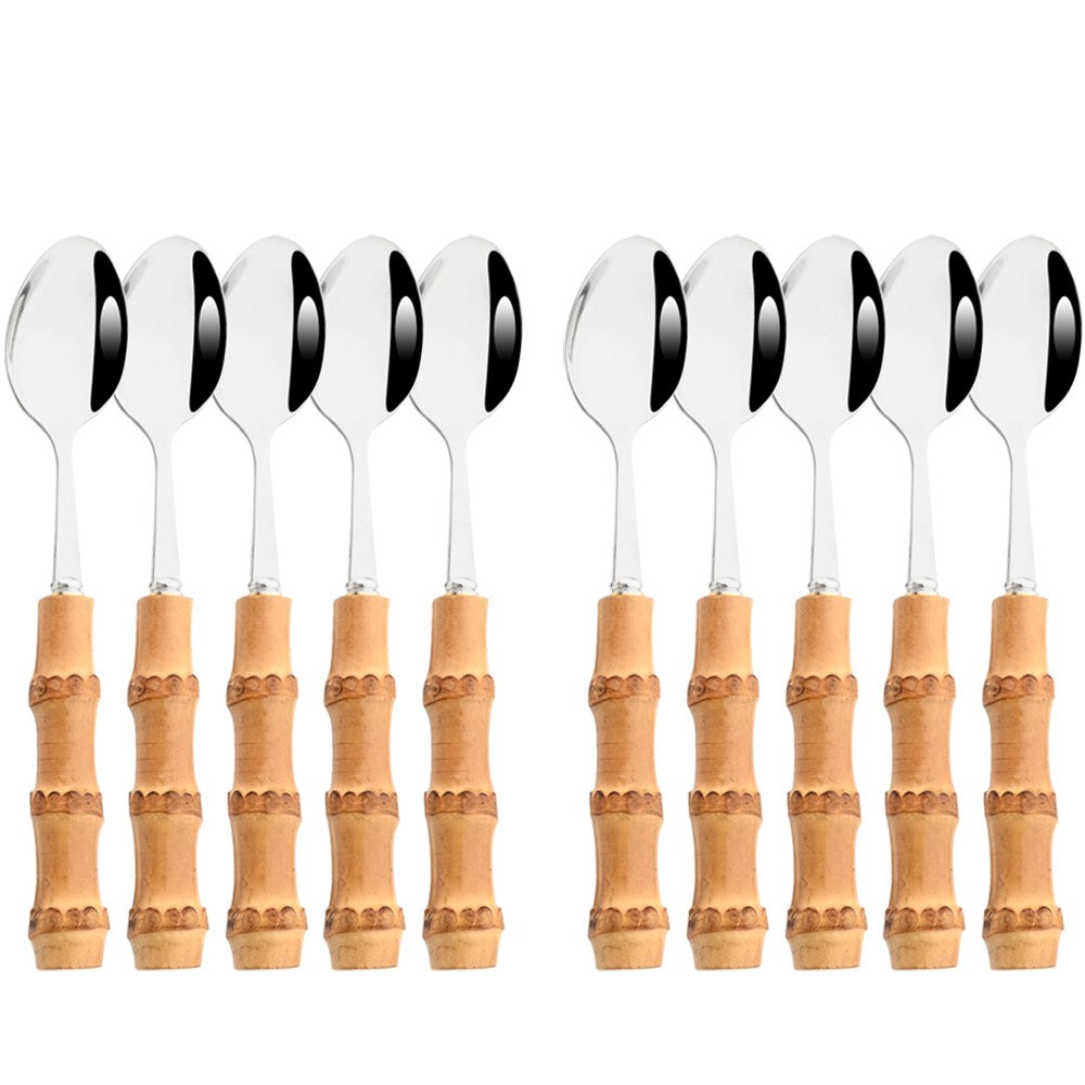 Drmfiy Teaspoon Dinnerware Set Stainless Steel 4/6/10Pcs Coffee Spoons Cutlery Set Kitchen Bamboo Handle Golden Tableware Set