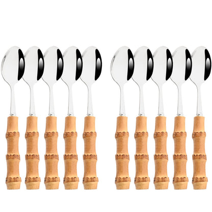 Drmfiy Teaspoon Dinnerware Set Stainless Steel 4/6/10Pcs Coffee Spoons Cutlery Set Kitchen Bamboo Handle Golden Tableware Set
