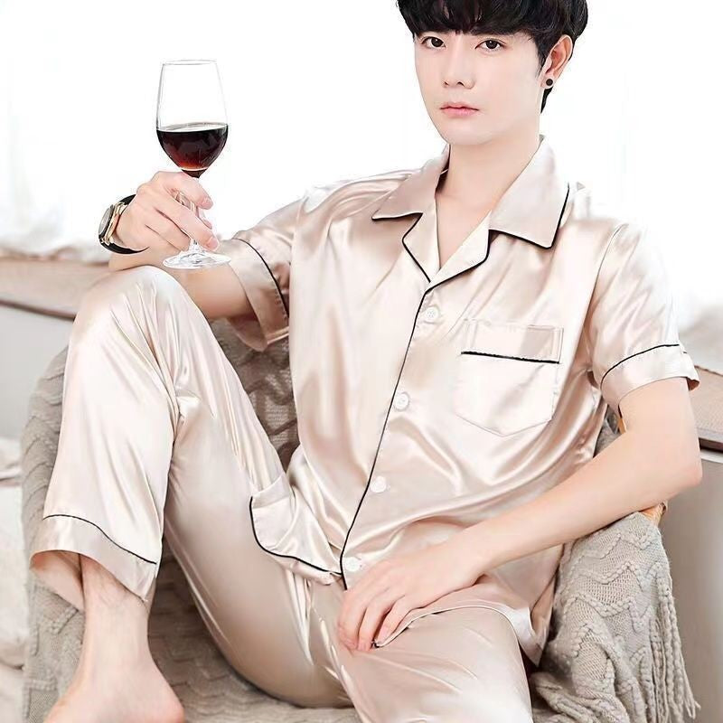 New Ice Silk Pajamas, Men's Summer Short-Sleeved Trousers, Thin High-End Simulated Silk Plus-Size Loose Loungewear Two-Piece Set