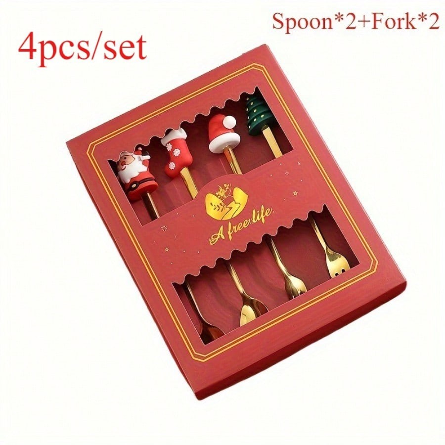 A set of Christmas stainless steel tableware, spoons and forks - can be put in the dishwasher, holiday gift set with gift box