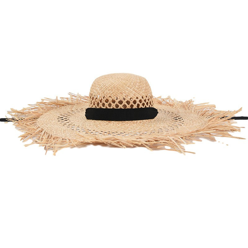 Straw hat women summer Large eaves beach vacation photo sunscreen straw hat personality European style foldable beach hat