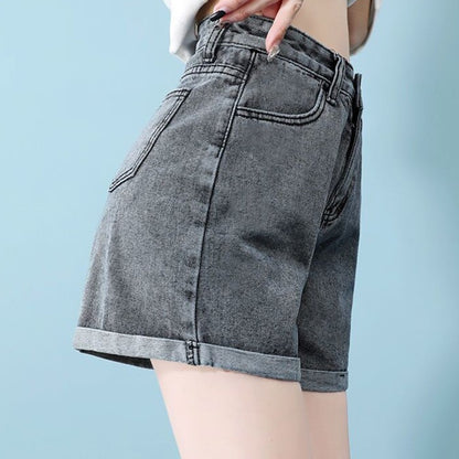 Summer 2024 New Women Rolled Edge Hot Denim Shorts Lady Korean Mini Pants Girls Elastic Blue Black Black Gray A Line Short Jeans