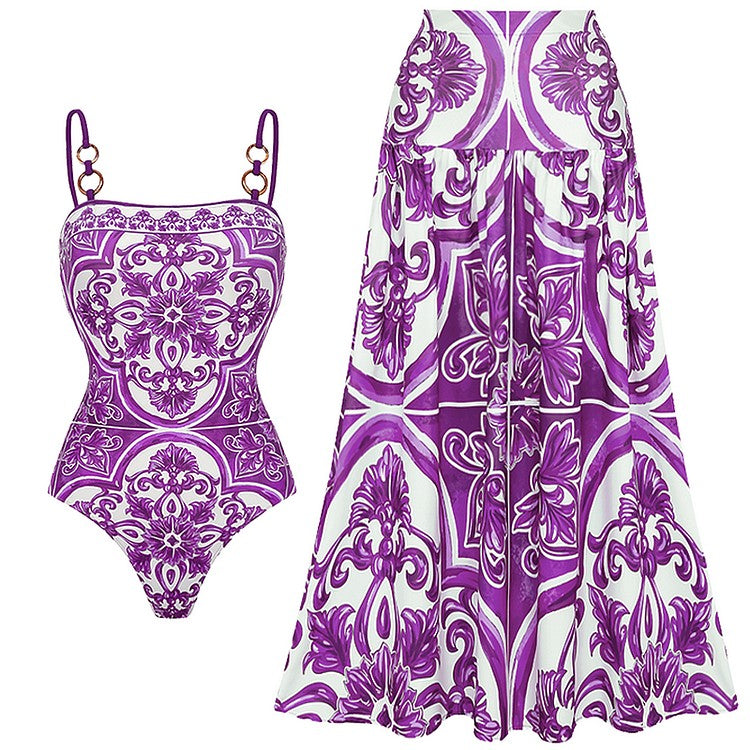 Flaxmaker Classic Women Sexy Bikini Sets Long Sleeves Majolica Series Pattern Print One Piece Swimsuit Skirt Biquini Beachwear