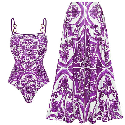 Flaxmaker Classic Women Sexy Bikini Sets Long Sleeves Majolica Series Pattern Print One Piece Swimsuit Skirt Biquini Beachwear