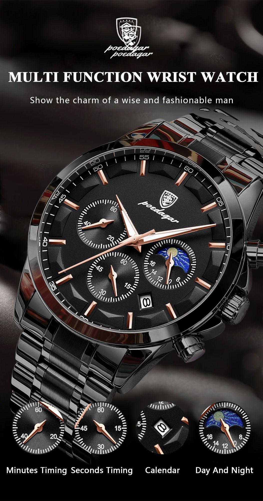 POEDAGAR Top Fashion Men's Watches Waterproof Luminous Stainless Steel Men Wristwatch Chronograph Date Quartz Business Man Watch