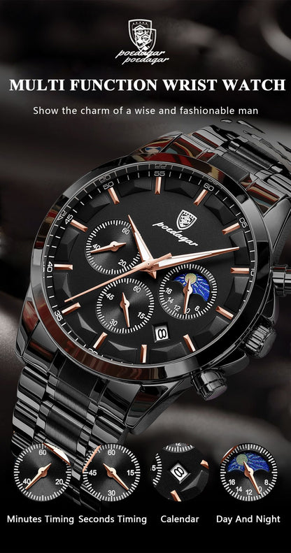 POEDAGAR Top Fashion Men's Watches Waterproof Luminous Stainless Steel Men Wristwatch Chronograph Date Quartz Business Man Watch