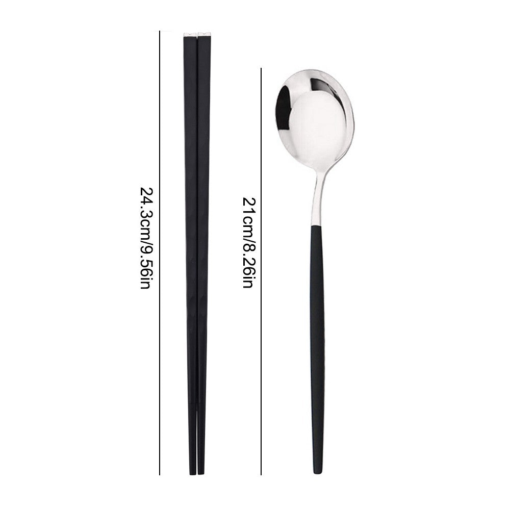 Conjunto de Talheres Portátil para Viagem Preto e Prata com 10 Peças, Hashis Colher de Aço Inoxidável, Conjunto de Utensílios de Mesa Coreano de Luxo