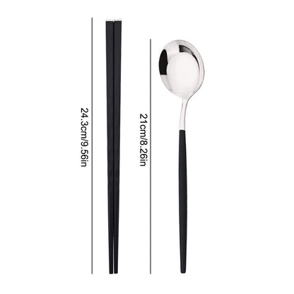 Conjunto de Talheres Portátil para Viagem Preto e Prata com 10 Peças, Hashis Colher de Aço Inoxidável, Conjunto de Utensílios de Mesa Coreano de Luxo