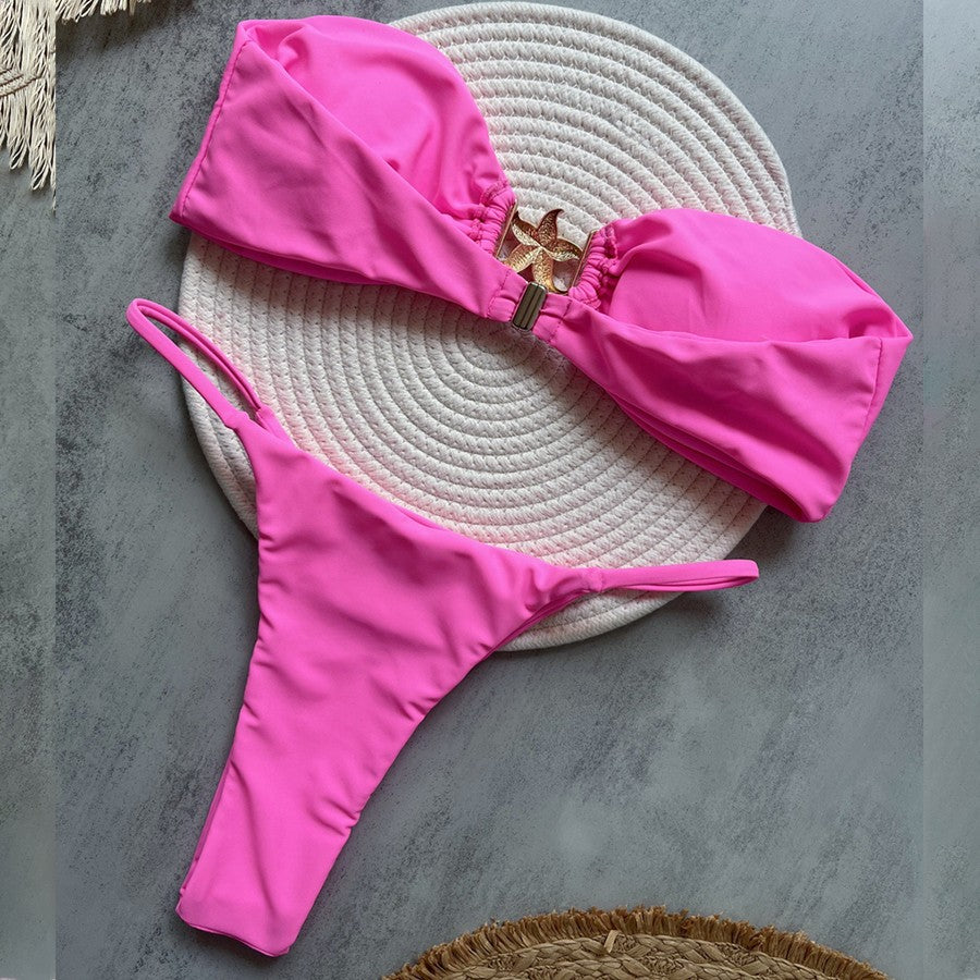 Para Praia 2025 Sexy Push Up Bikini Women Swimwear Metal Starfish Bandeau Thong Bikini Brazilian Swimsuit Female Bathing Suit