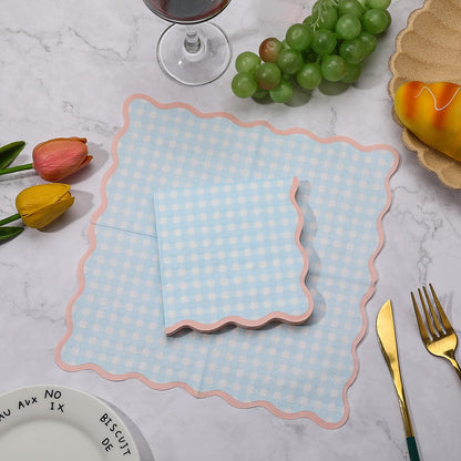 20pcs color printed napkins, blue and white checkered pattern napkins suitable for parties and gatherings, pink lace checkered n
