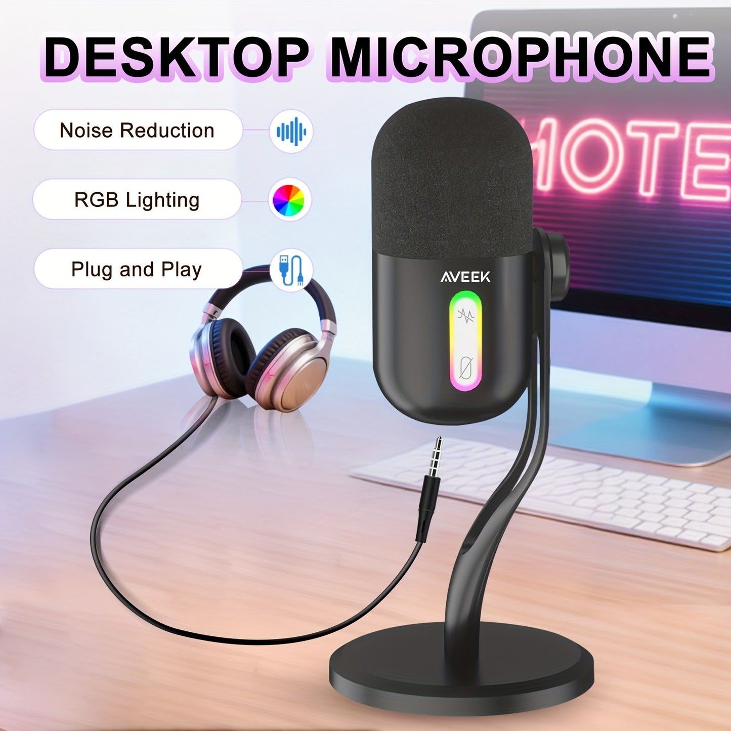 Microfone Condensador USB Aveek, Microfone de Estúdio para Jogos para PC, PS4, PS5 e Mac, Sensor Tap-to-Mute, RGB com Cancelamento de Ruído