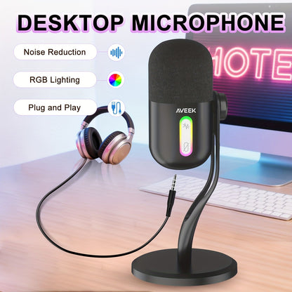 Microfone Condensador USB Aveek, Microfone de Estúdio para Jogos para PC, PS4, PS5 e Mac, Sensor Tap-to-Mute, RGB com Cancelamento de Ruído