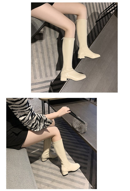 Women Black High Heel Long Boots Fashion Spring Autumn Warm Knee High Boots Soft Leather Thigh High Boots Shoes Zipper