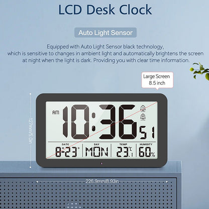 Large Digital Wall Clock with Temperature Humidity Calendar 8.5"Desk LCD Alarm Clock Backlight for Bedroom Office Living Room