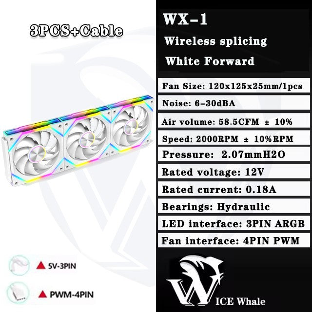 ICE Whale WX-1 Wireless Splicing PC Case Fan 120mm ARGB Mirror Cycle Effect 800-2000RPM 360mm Water-cooled Radiator Cooling Fan