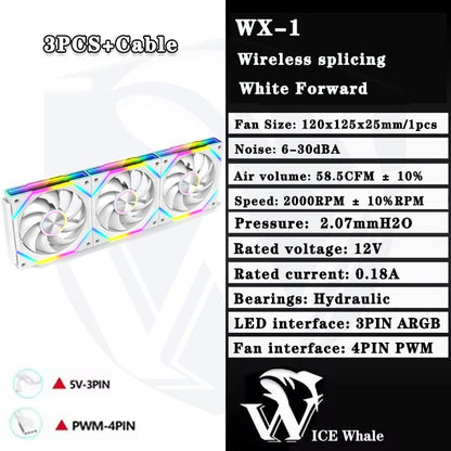 ICE Whale WX-1 Wireless Splicing PC Case Fan 120mm ARGB Mirror Cycle Effect 800-2000RPM 360mm Water-cooled Radiator Cooling Fan