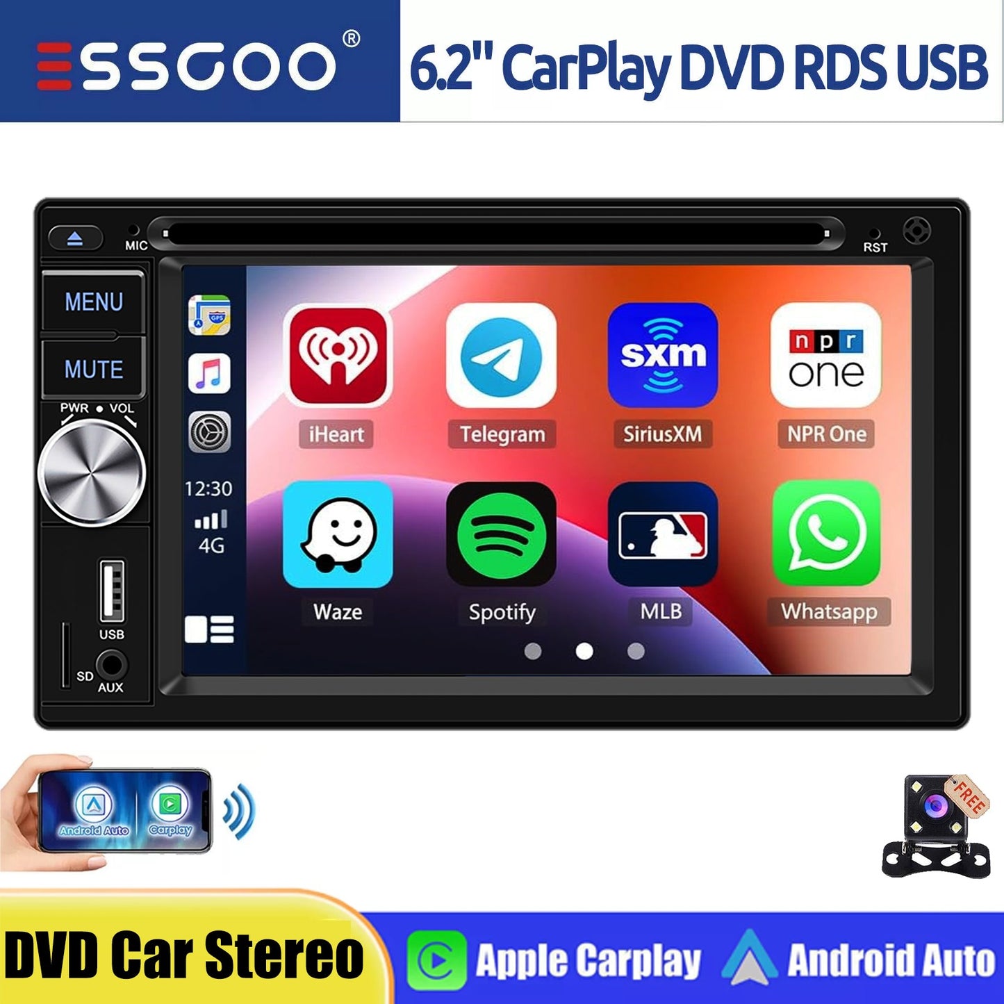 ESSGOO Universal Double 2 Din 6.2" Car Stereo Radio CD DVD Multimedia Video MP5 Player Wireless Carplay & Android Auto USB BT