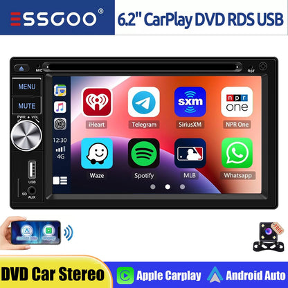 ESSGOO Universal Double 2 Din 6.2" Car Stereo Radio CD DVD Multimedia Video MP5 Player Wireless Carplay & Android Auto USB BT