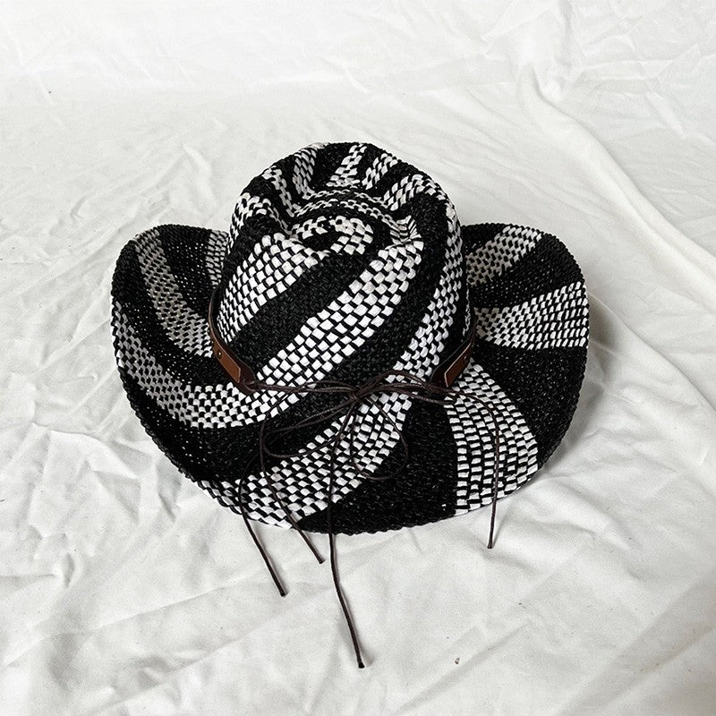 Ethnic Style Contrast Color Straw Cowboy Hat Mens Wide Brim Western Caps with Belt for Outdoor Party Vacation Sun Hats