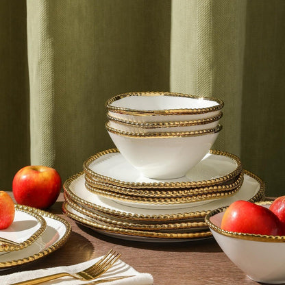 Christian Siriano Akoya Porcelain Dinnerware Set 24Piece Dish Set for 8 Plates and Bowls Set White and Gold
