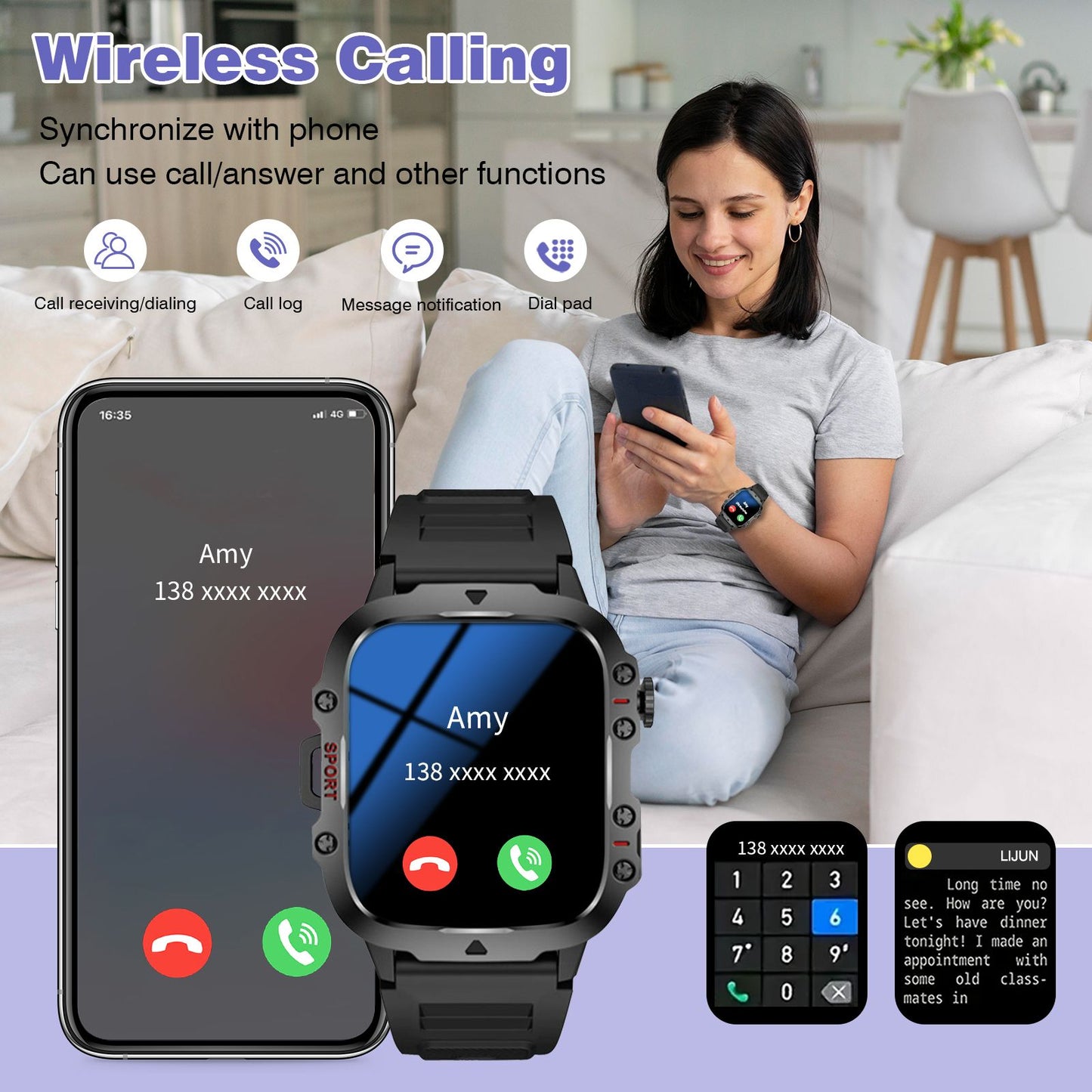 Smart watch, Bluetooth call, message reminder, two straps optional, suitable for iPhone/Android phone