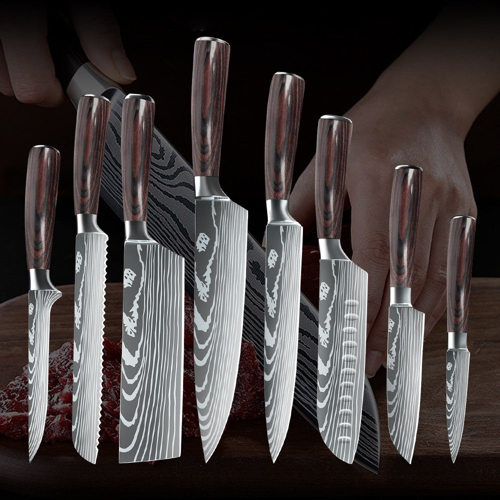 MDHAND Conjunto de Facas de Cozinha 7CR17 8 Peças Aço Inoxidável Afiado Faca de Chef para Fatiar Carne Cutelo Padrão de Damasco a Laser Faca de Chef Afiada