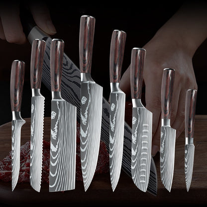 MDHAND Conjunto de Facas de Cozinha 7CR17 8 Peças Aço Inoxidável Afiado Faca de Chef para Fatiar Carne Cutelo Padrão de Damasco a Laser Faca de Chef Afiada
