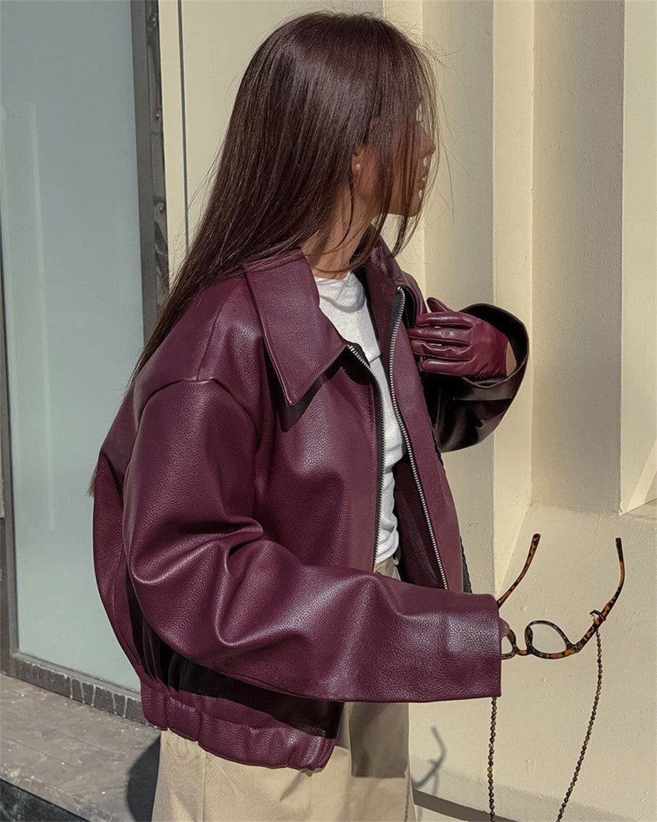 Jaqueta Feminina de Couro Sintético Vermelho Vinho Vintage, Casaco Moderno com Zíper e Lapela, Casacos de Outono Inverno, Blusas Curtas Femininas Estilo Streetwear