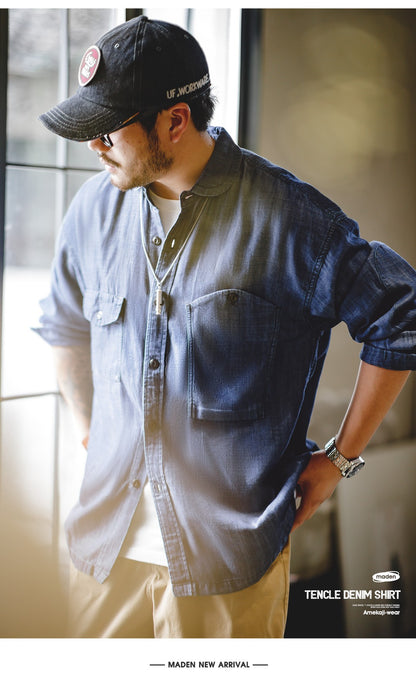 Maden Vintage Denim Shirt for Men's Spring Lightweight CPO Long Sleeve Shirt Lyocell Casual Thin Blue Lapel Collar Blouse