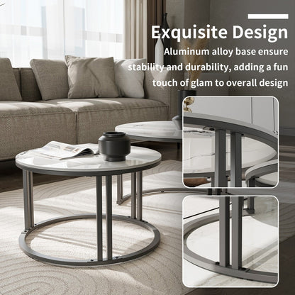 Nested Coffee Table: Set of 2 Modern Round Nesting Coffee Table Sintered Stone-top Stacking Sofa Accent Table for Living Room