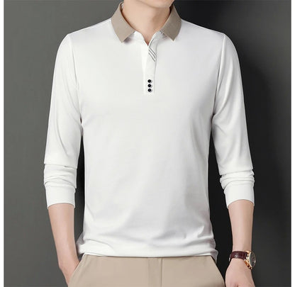 New Men's Long-sleeved Polo Shirt Sweatwear Business Casual Top Fashion Classic Solid Color Male Brand Basic V-neck Top