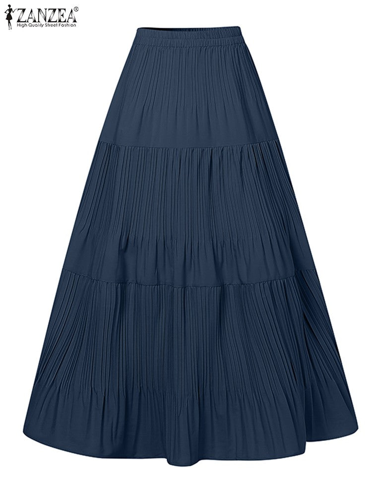 ZANZEA Plus Size 5XL Women Maxi Skirts 2025 Autumn Elastic Waist Pleated Long Skirt Casual Solid Color High Waist Ruffled Skirts