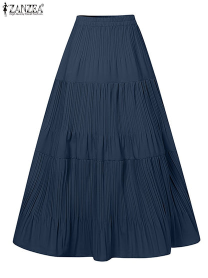 ZANZEA Plus Size 5XL Women Maxi Skirts 2025 Autumn Elastic Waist Pleated Long Skirt Casual Solid Color High Waist Ruffled Skirts