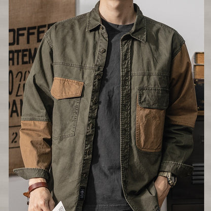 Spring and autumn new American vintage khaki loose long-sleeved shirt Japanese casual cargo shirt men's patchwork trend top