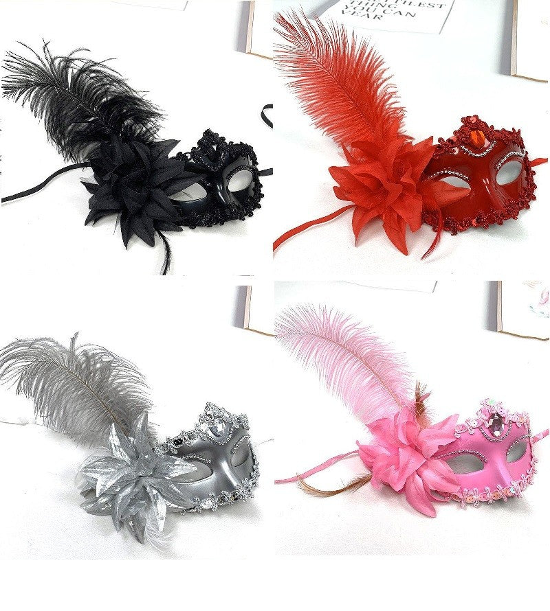 Feather Rhinestones Masquerade Mask Lace Women Flower Fashion Half Face Sexy Halloween Christmas Easter Cosplay Party Prom White