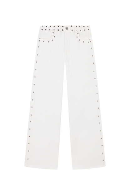 Spanish Street Fashion ONE DILEMMA Style Rivet Five-pointed Star Pattern White Jeans Women's Autumn Slim Straight Pants